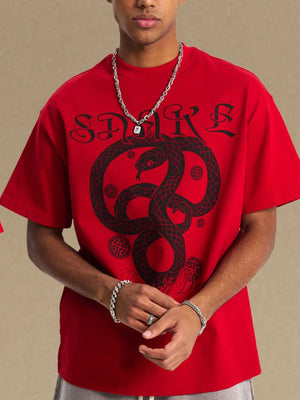 Men’s Red Snake Graphic Print T-Shirt – Oversized Gothic Urban Streetwear Tee