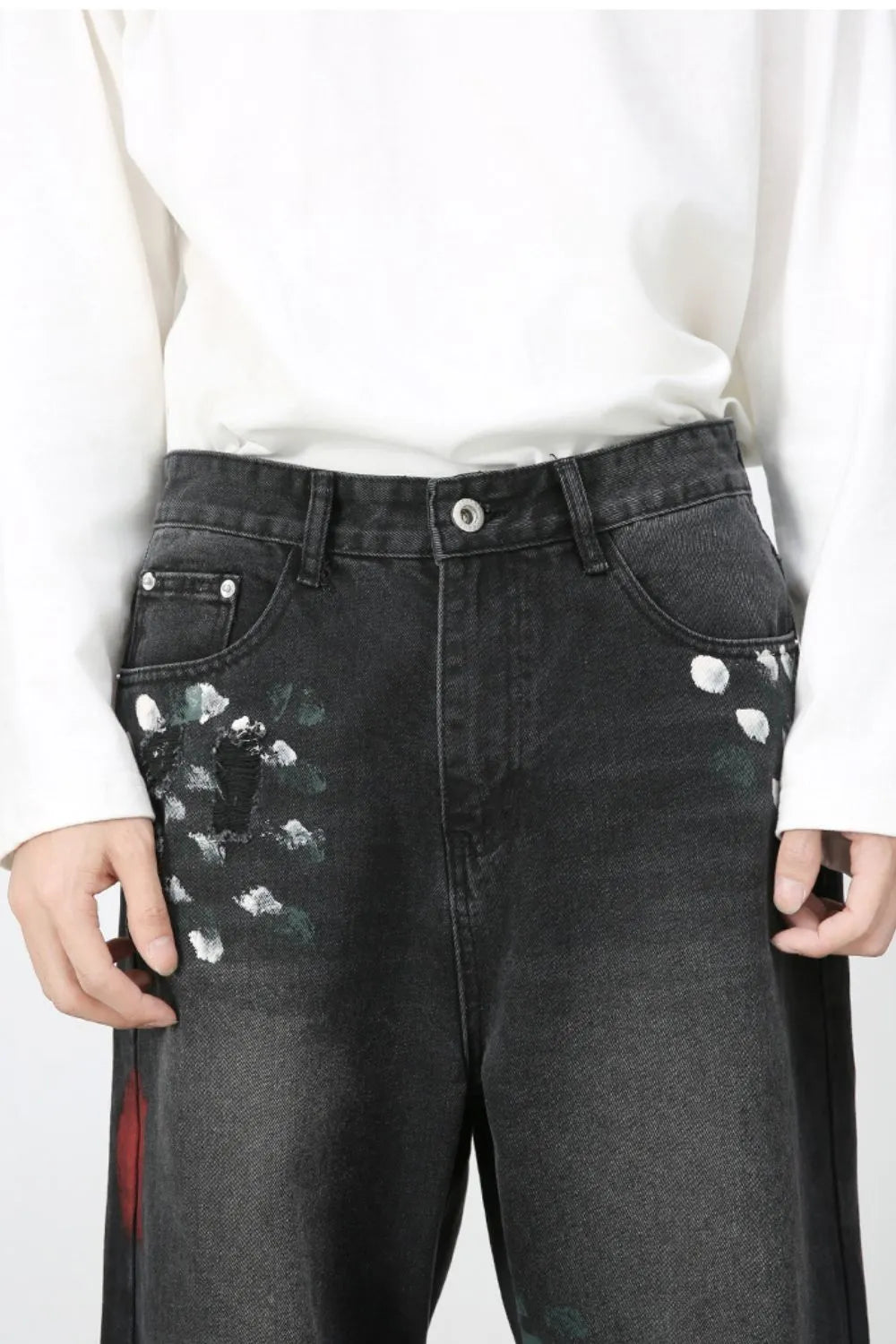 Men’s Distressed Paint Splatter Black Wide Leg DenimJeans