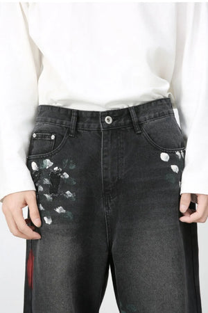 Men’s Distressed Paint Splatter Black Wide Leg DenimJeans