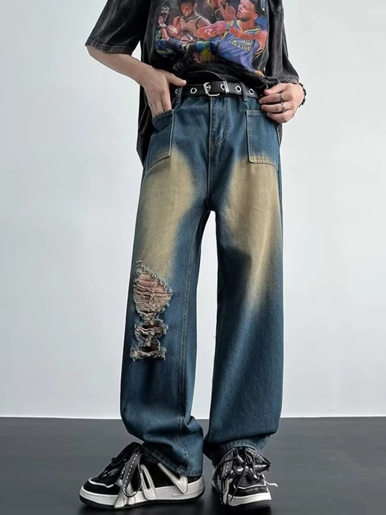 Men's Full Size Distressed Wide Leg Jeans Plus Size