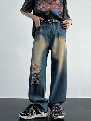 Men's Full Size Distressed Wide Leg Jeans Plus Size