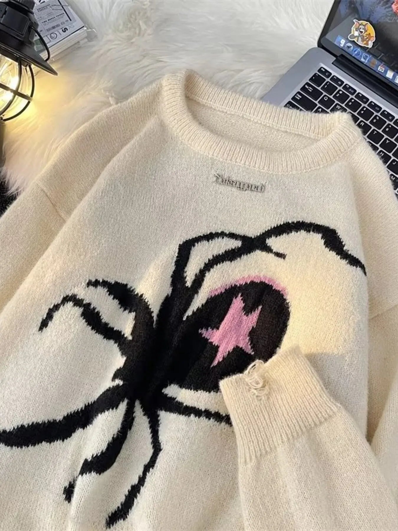 Men's Spider Graphic Distressed Hem Sweater