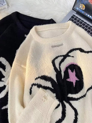 Men's Spider Graphic Distressed Hem Sweater