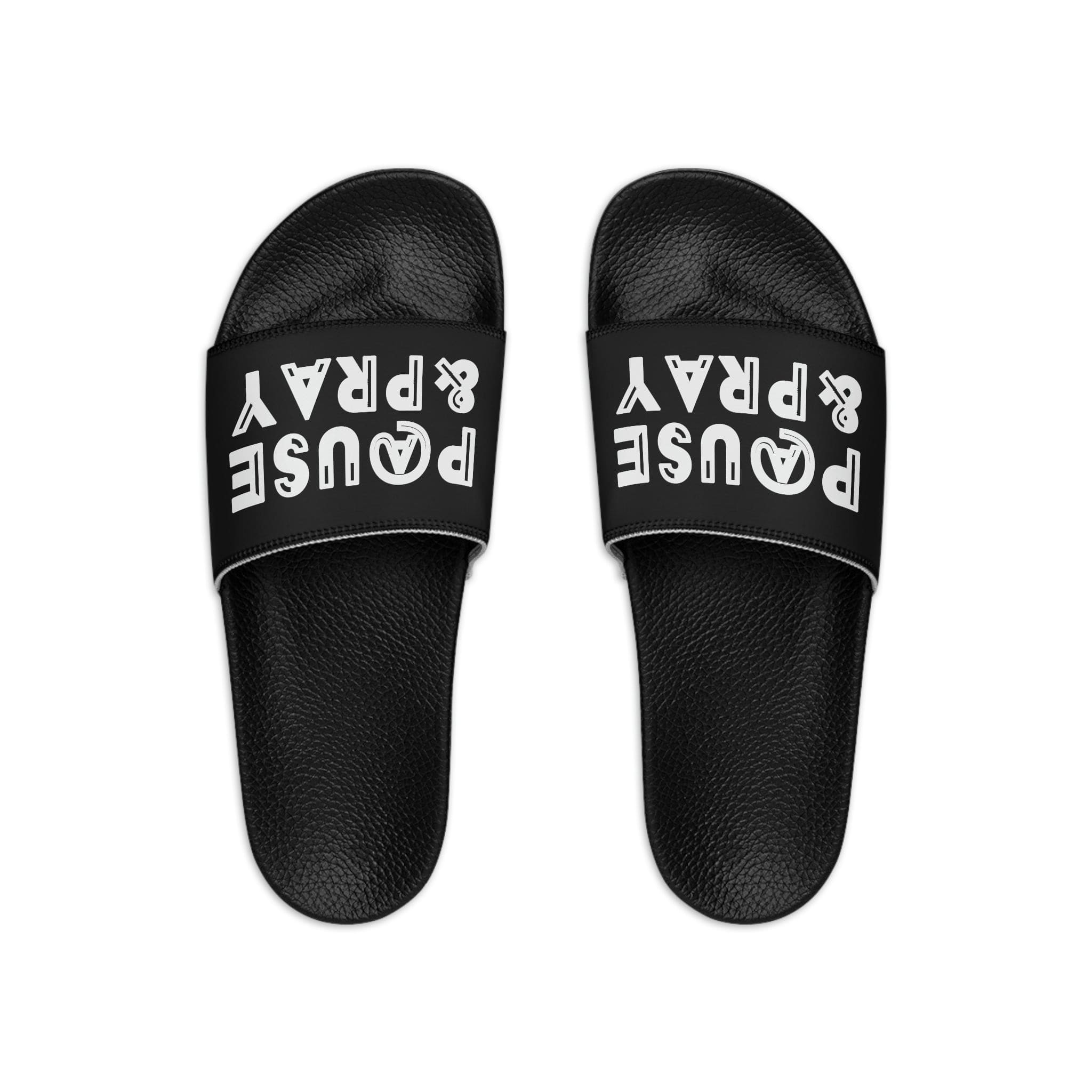 Mens Black Slide Sandals - Pause and Pray - Christian Inspiration