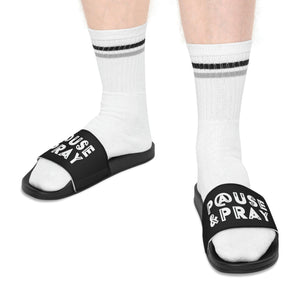 Mens Black Slide Sandals - Pause and Pray - Christian Inspiration