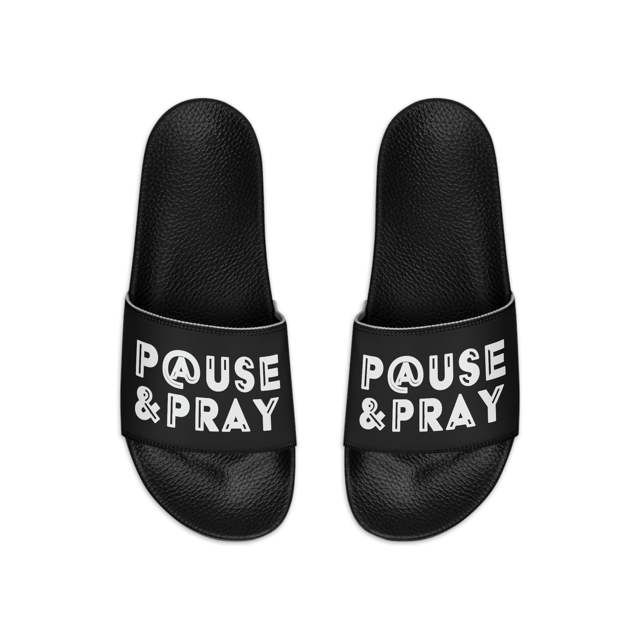 Mens Black Slide Sandals - Pause and Pray - Christian Inspiration