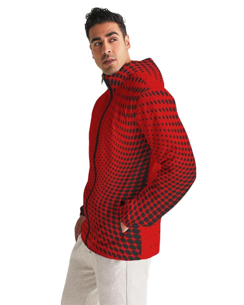Mens Hooded Windbreaker - Red Polka Dot Water Resistant Jacket -