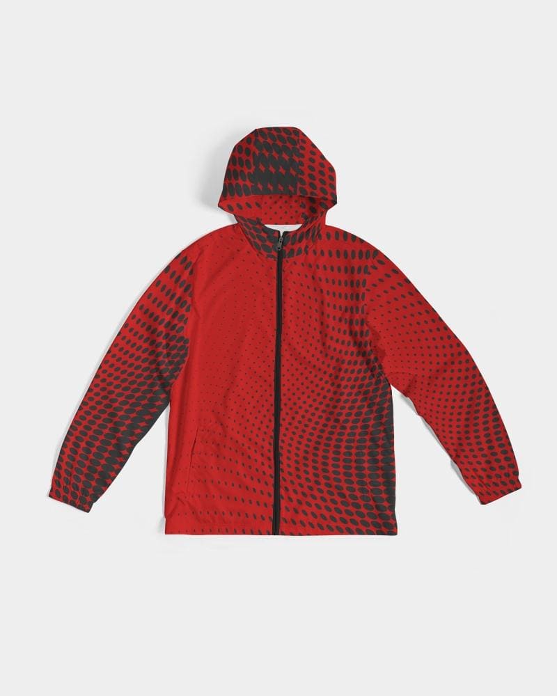 Mens Hooded Windbreaker - Red Polka Dot Water Resistant Jacket -