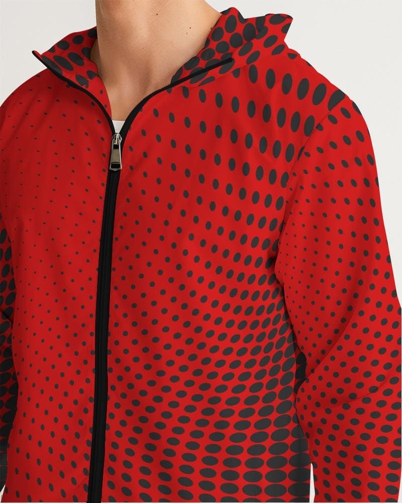 Mens Hooded Windbreaker - Red Polka Dot Water Resistant Jacket -