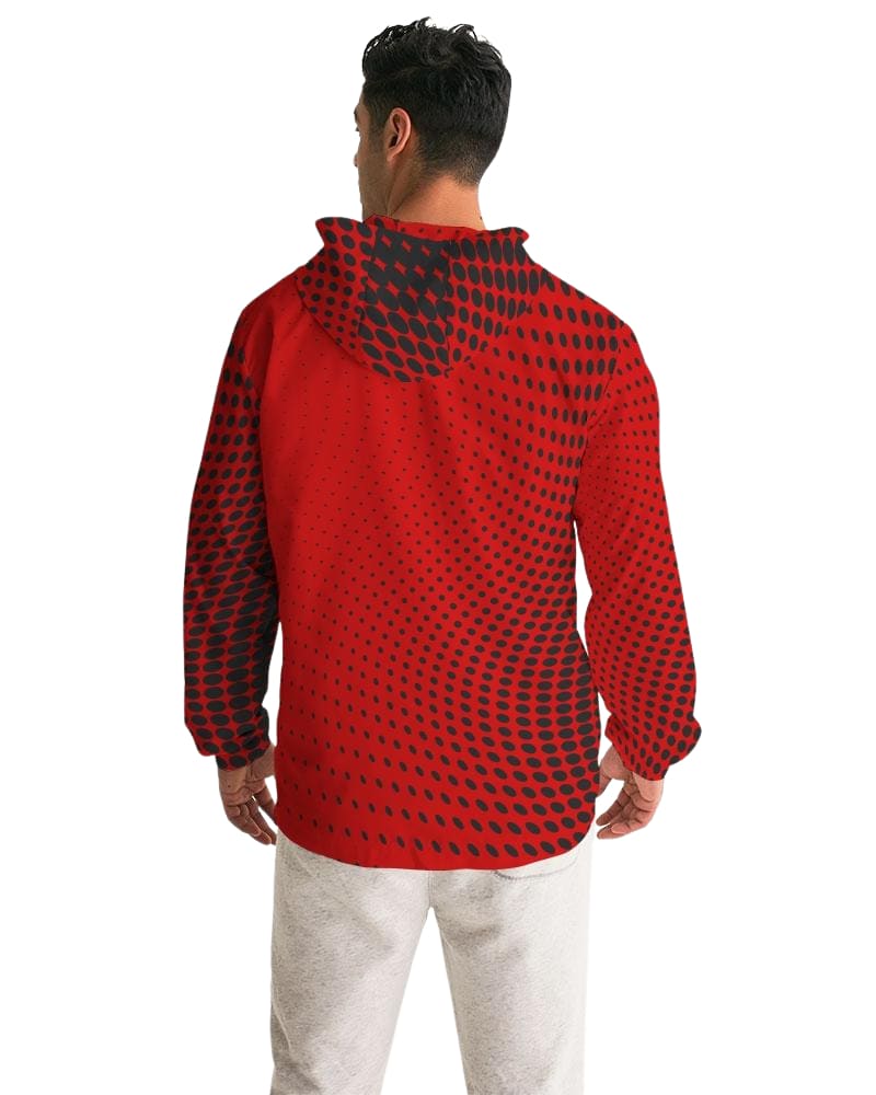Mens Hooded Windbreaker - Red Polka Dot Water Resistant Jacket -