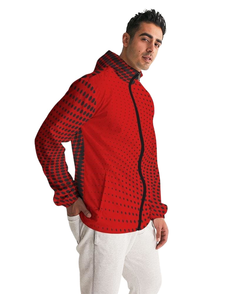 Mens Hooded Windbreaker - Red Polka Dot Water Resistant Jacket -