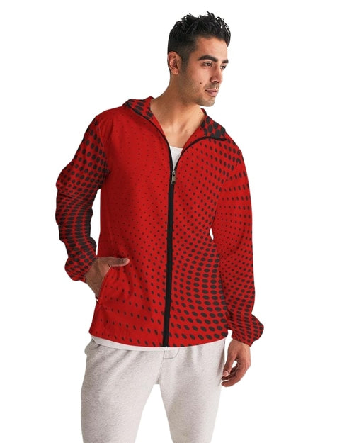 Mens Hooded Windbreaker - Red Polka Dot Water Resistant Jacket -