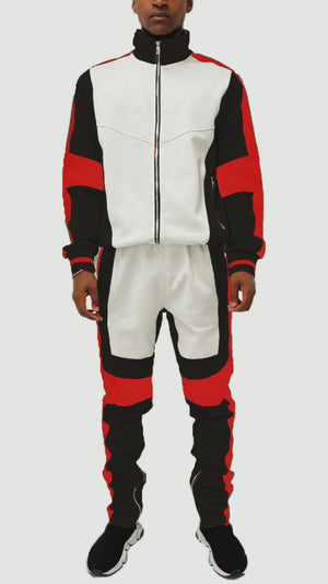 Men’s Color Block Track Suit – White, Black & Red Zip-Up Jacket with Matching Joggers