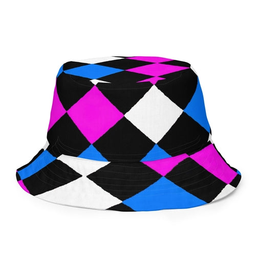 Reversible Bucket Hat Pink Blue Checkered Pattern