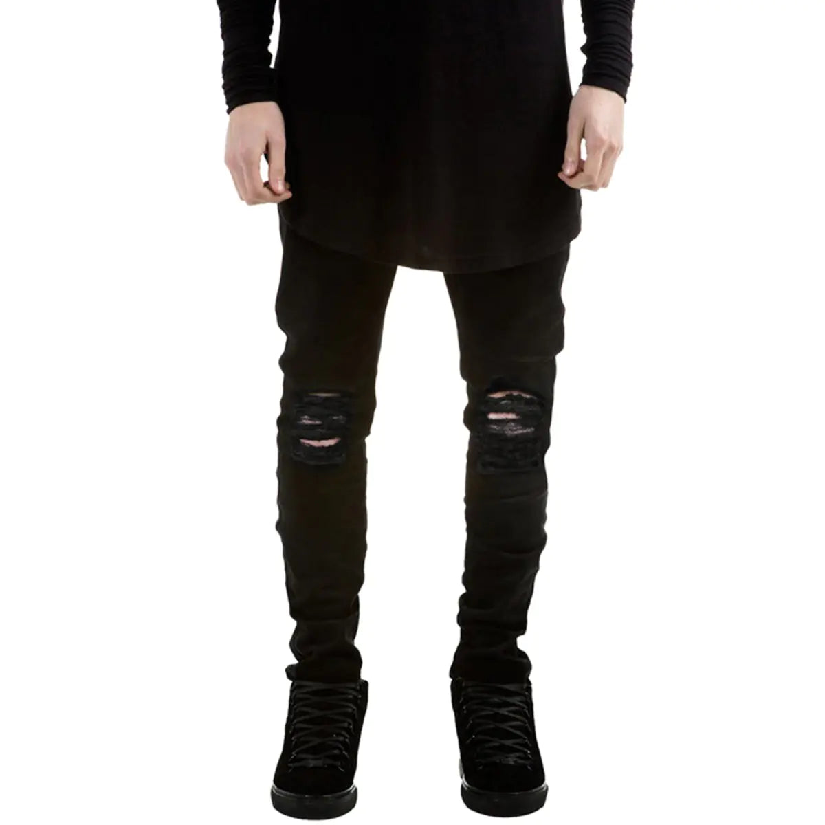 Pishon Mens Ripped Jeans Distressed Destroyed Jeans Straight Leg Stretchy Knee Holes Denim Pants for Men Black US Size 32